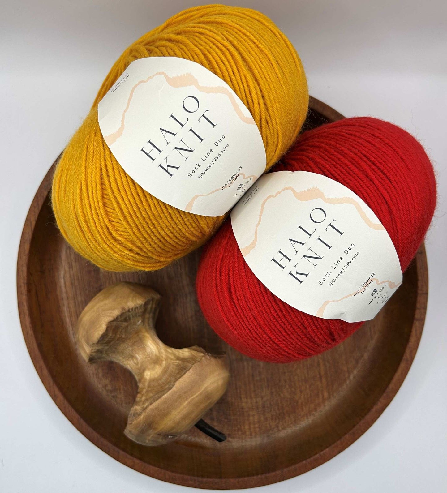 Halo Knit duo strømpegarn gul og rød på fad